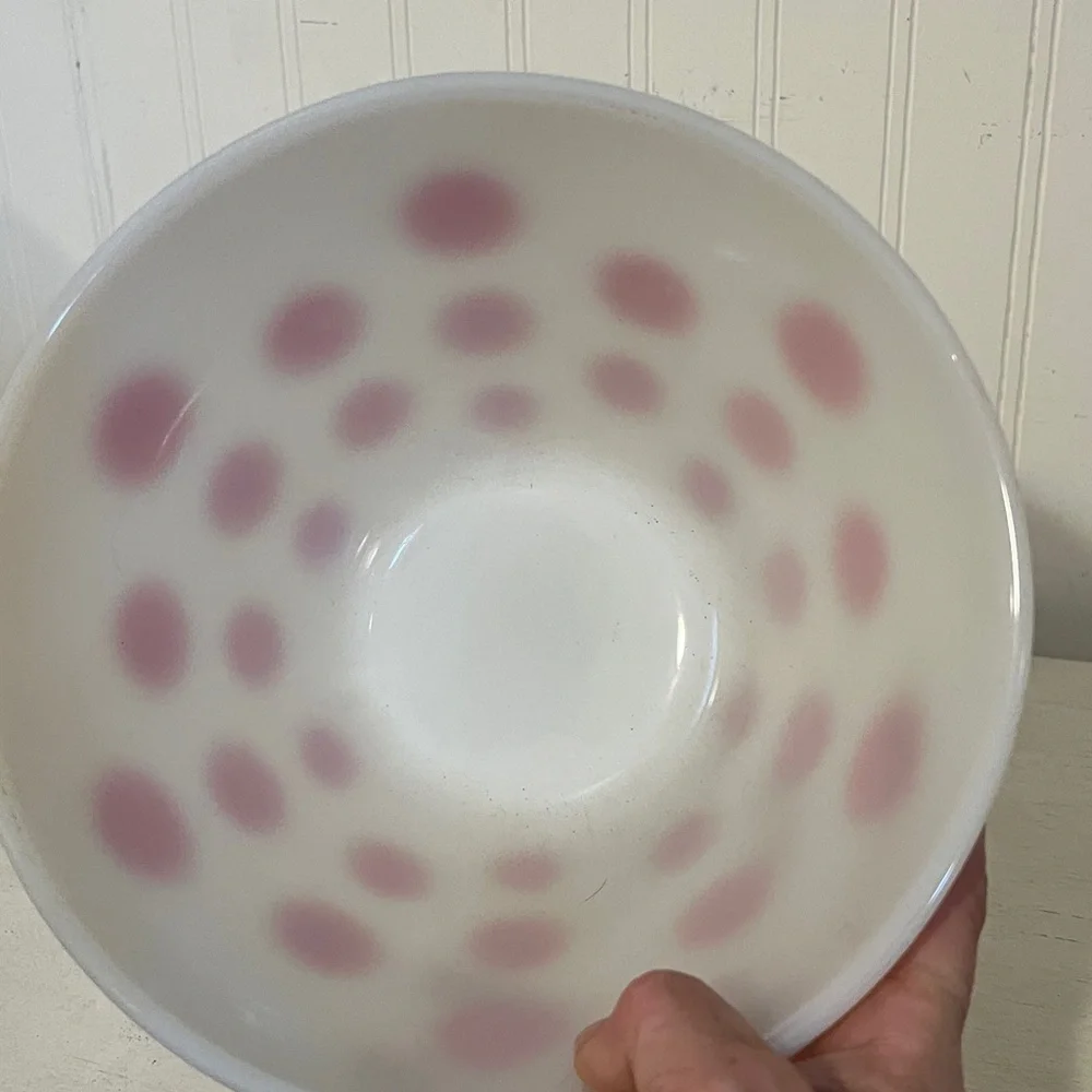 Vintage Fire King Oven Ware Polka Dot mixing bowl 5.5” x 8.5”